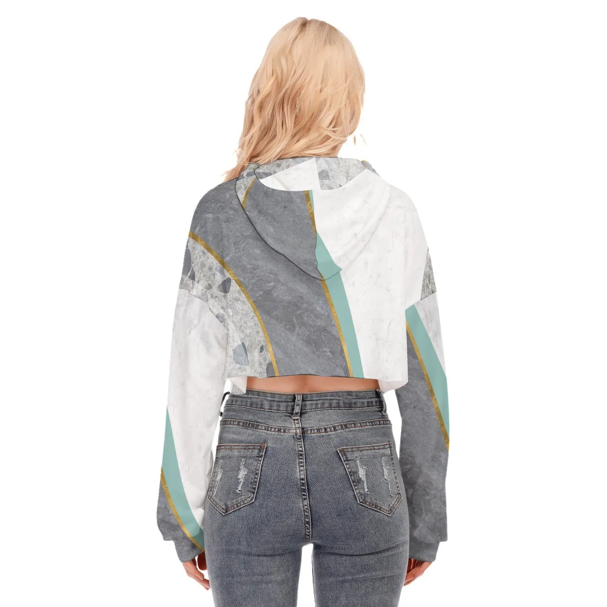 14All-Over Print Women's Cropped Hoodie With Zipper Closure green, white and gray Pratt