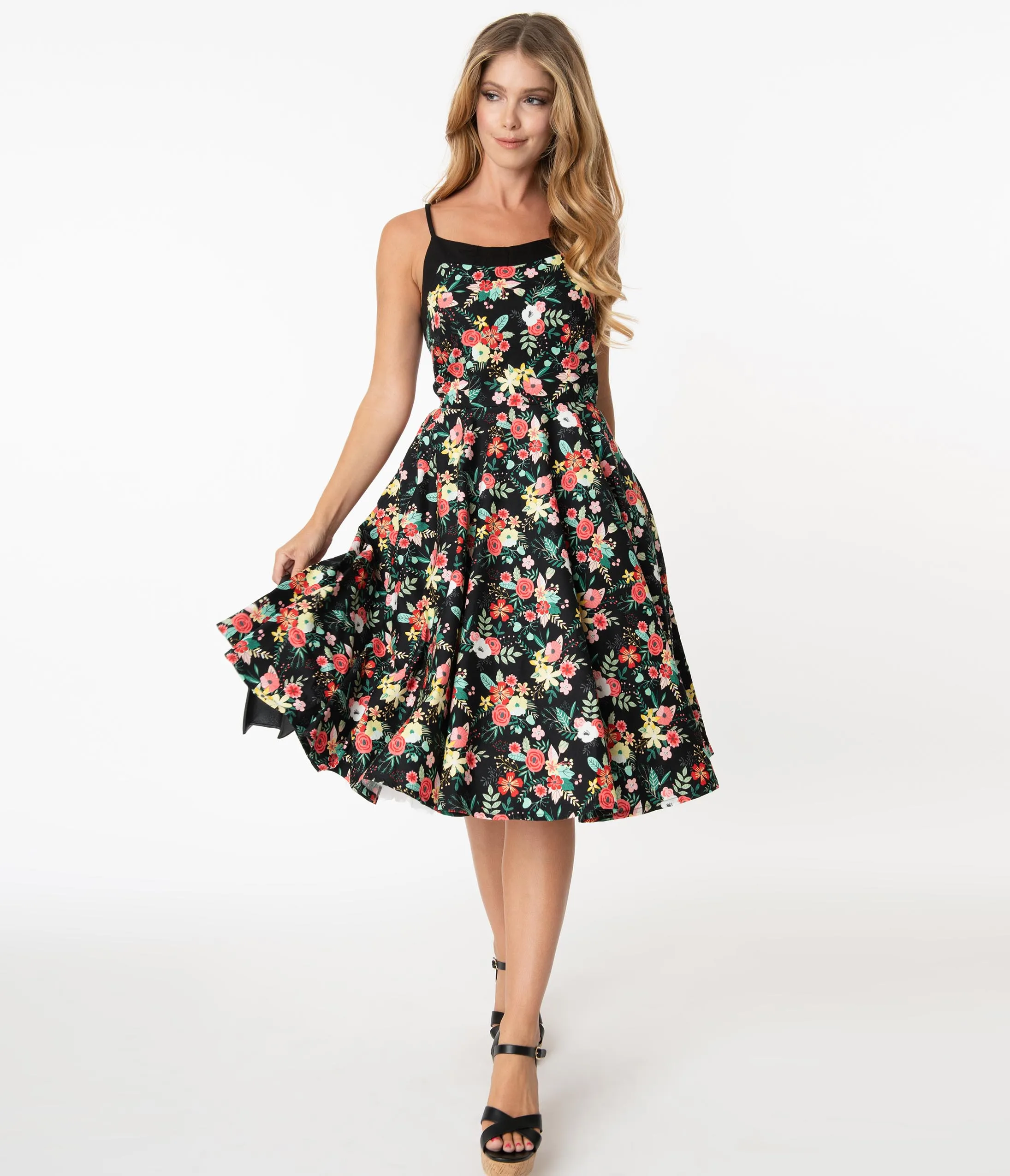 1950s Black & Happy Floral Print Elena Swing Dress