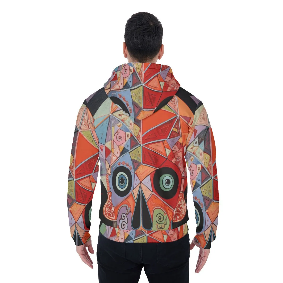 All-Over Print Men's Sherpa Fleece Zip Up Hoodie, reds with multi colors abstract print, #25,SS