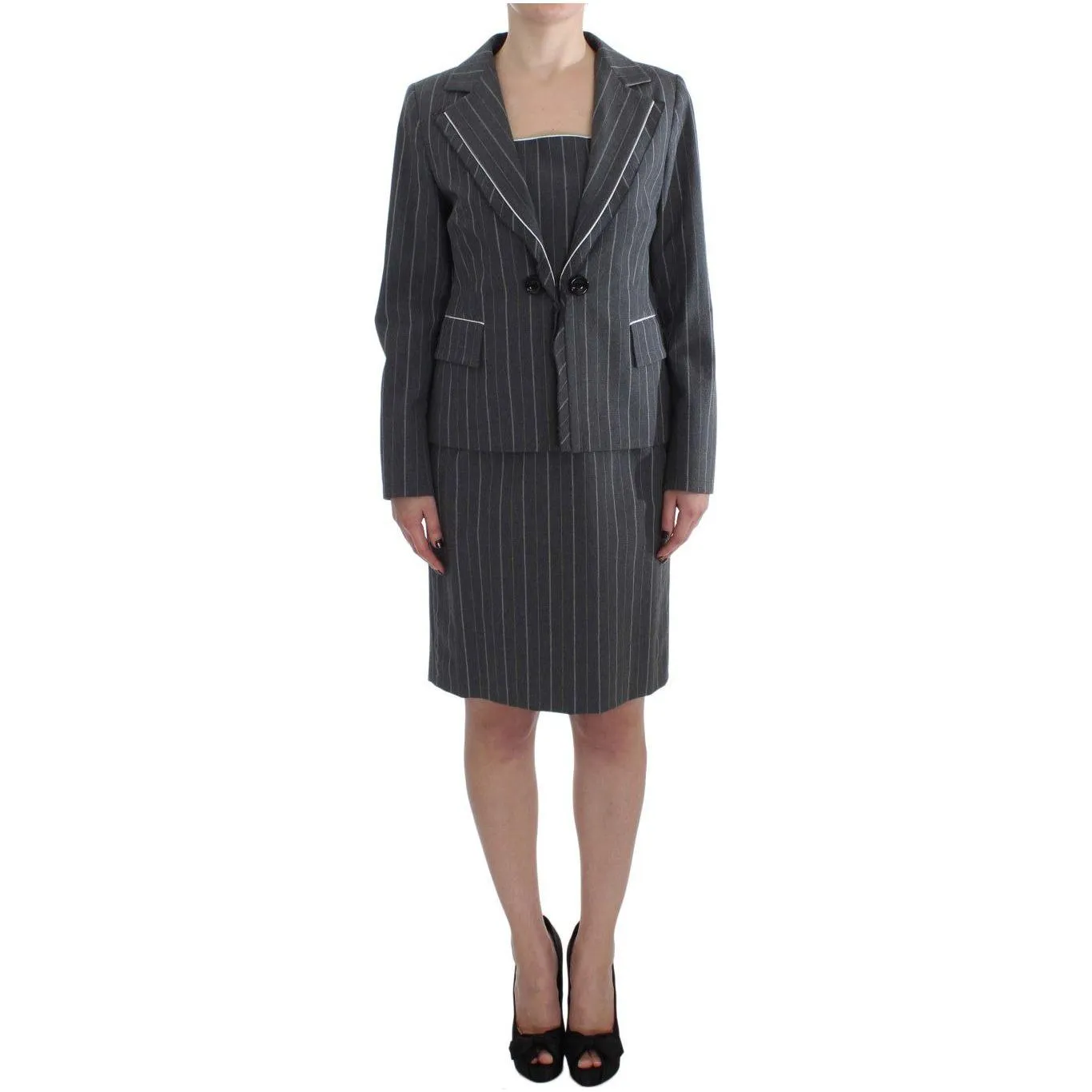 BENCIVENGA Elegant Gray Striped Dress & Blazer Suit Set