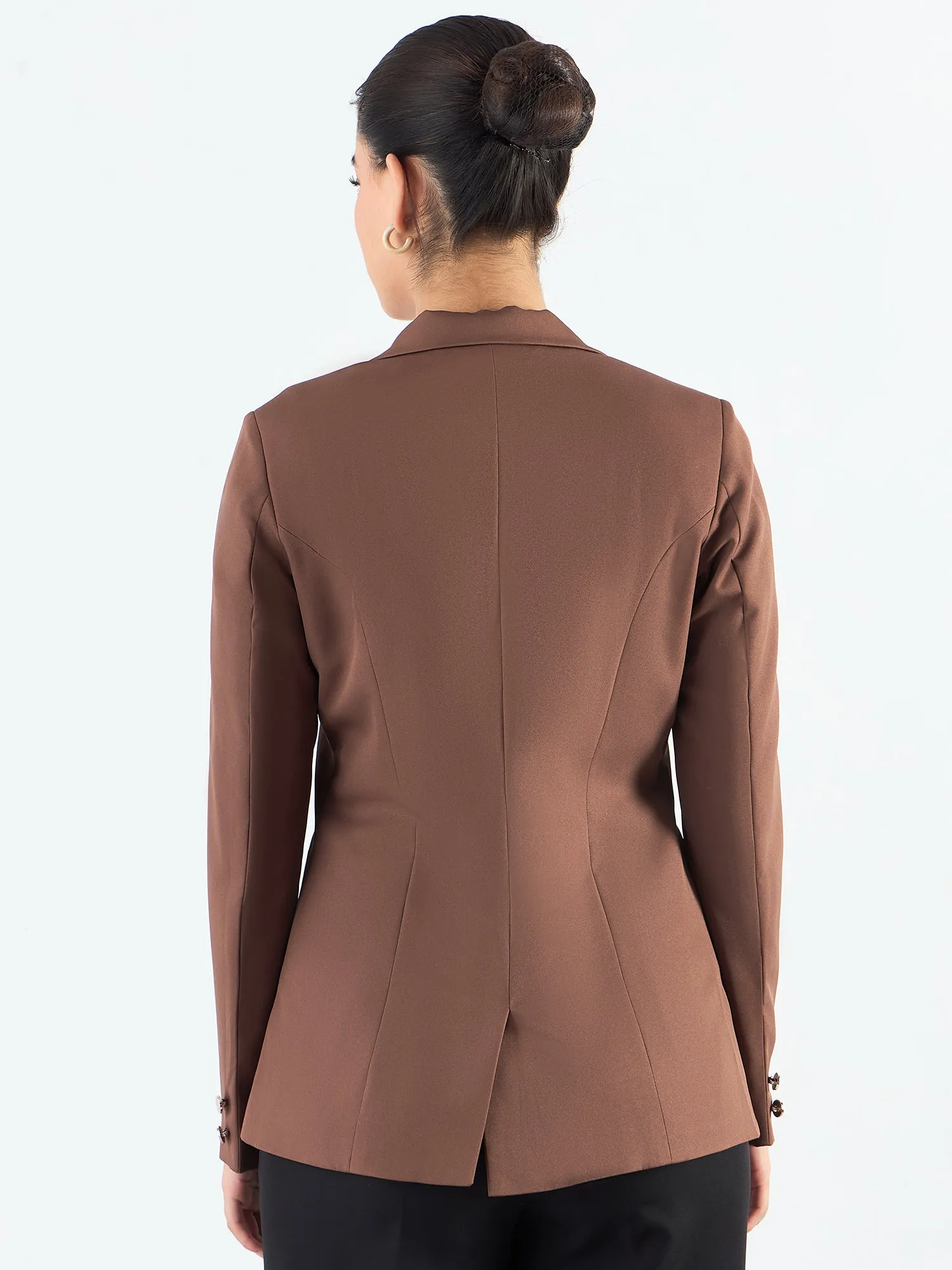 Brown Tailored Fit Notched Lapel Blazer In Stretchable Fabric