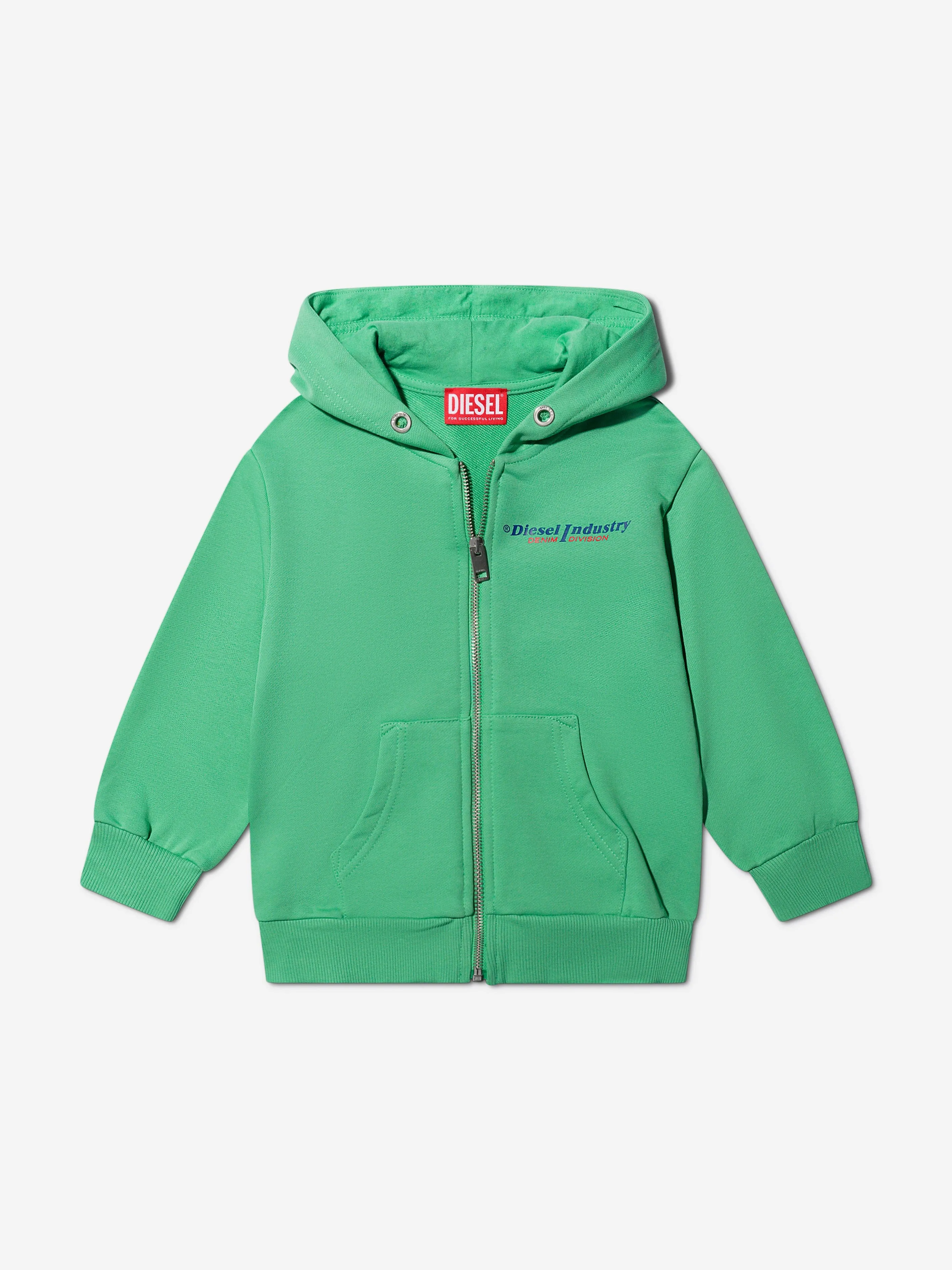 Diesel Boys Logo Zip Up Hoodie in Green