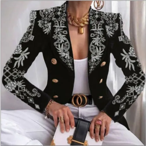 Double Breasted Print Design Lapel Collar Blazer