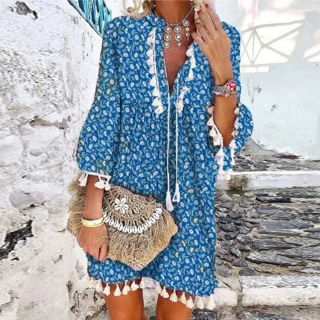 ELSVIOS Exquisite V-Neck Tassel Multi-Choice Vibrant Print 3/4 Sleeve Beach Cruise Dress