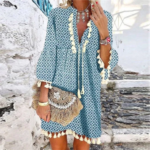 ELSVIOS Exquisite V-Neck Tassel Multi-Choice Vibrant Print 3/4 Sleeve Beach Cruise Dress