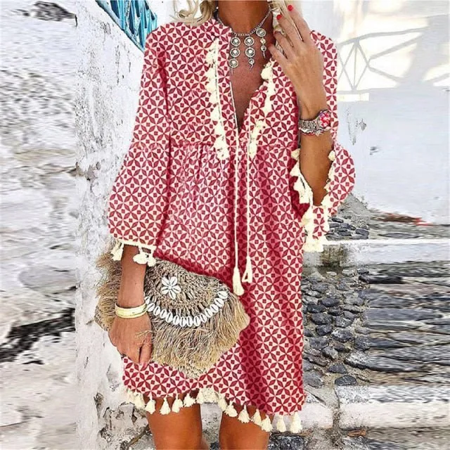 ELSVIOS Exquisite V-Neck Tassel Multi-Choice Vibrant Print 3/4 Sleeve Beach Cruise Dress