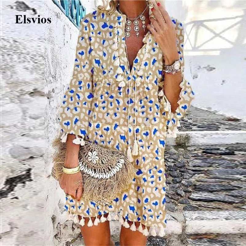 ELSVIOS Exquisite V-Neck Tassel Multi-Choice Vibrant Print 3/4 Sleeve Beach Cruise Dress