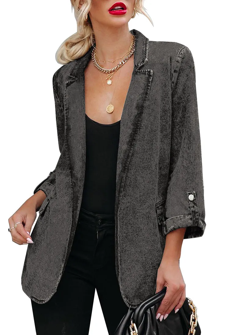 Grey Lapel Collar Flap Pockets Open-Front Denim Blazer