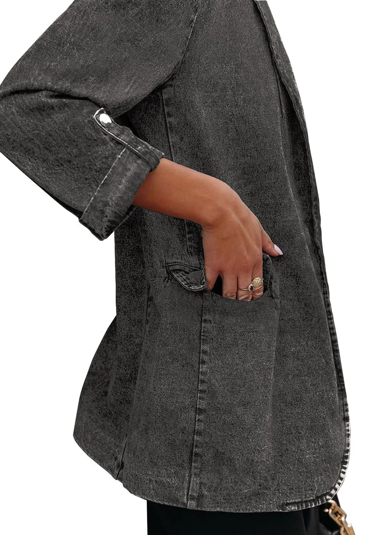 Grey Lapel Collar Flap Pockets Open-Front Denim Blazer