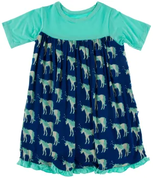 KicKee Pants Flag Blue Unicorns Classic Short Sleeve Swing Dress