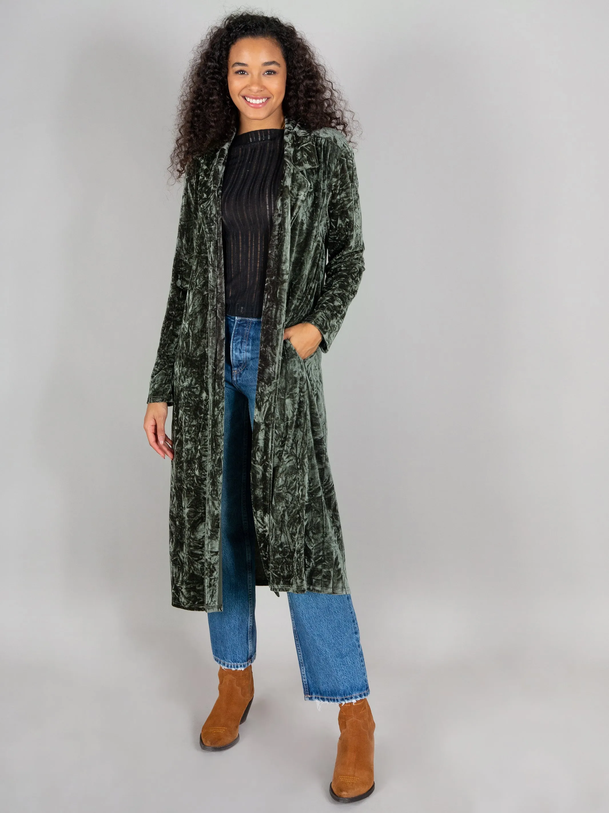 Lennon Long Velvet Duster - Olive