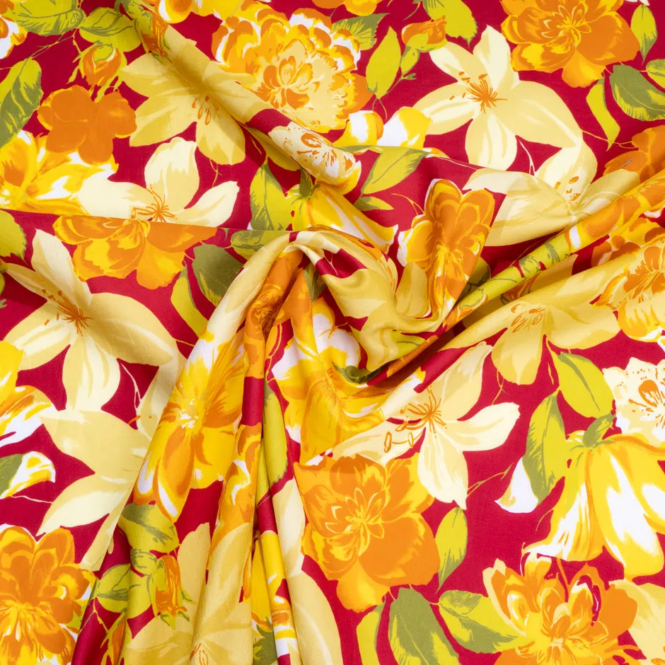 Orange & Yellow Floral Printed Deep Cherry Red Pure Cotton