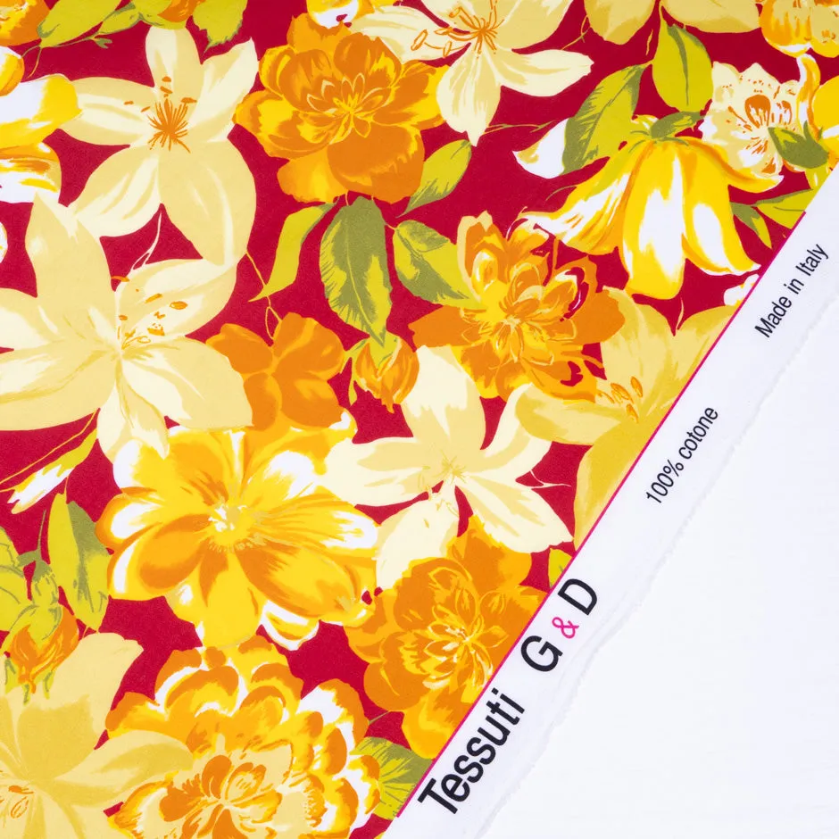 Orange & Yellow Floral Printed Deep Cherry Red Pure Cotton