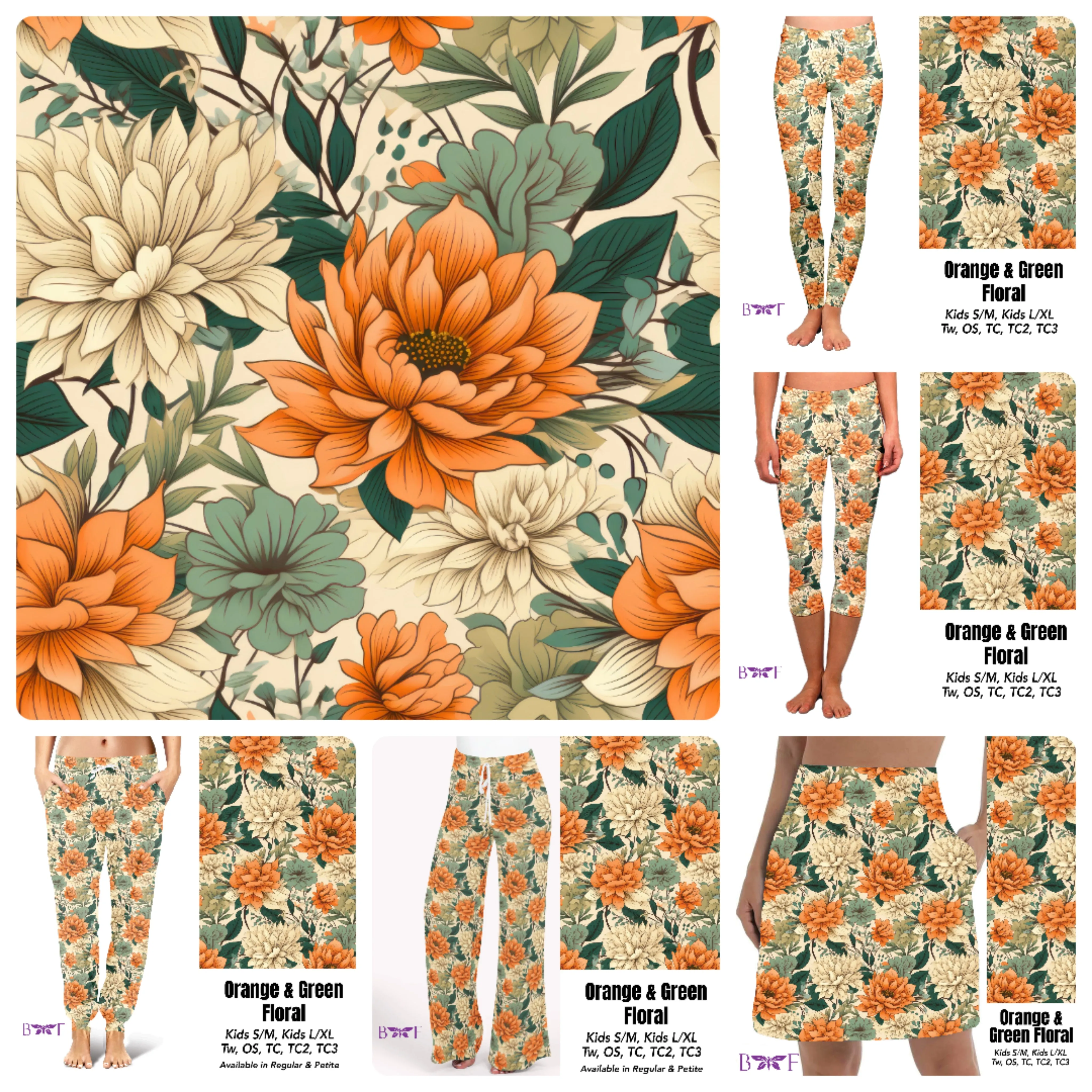 Orange and Green Floral leggings, capris, and skorts with pockets