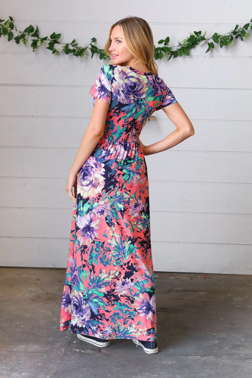 Peach & Black Vibrant Floral Print Pocketed Maxi Dress