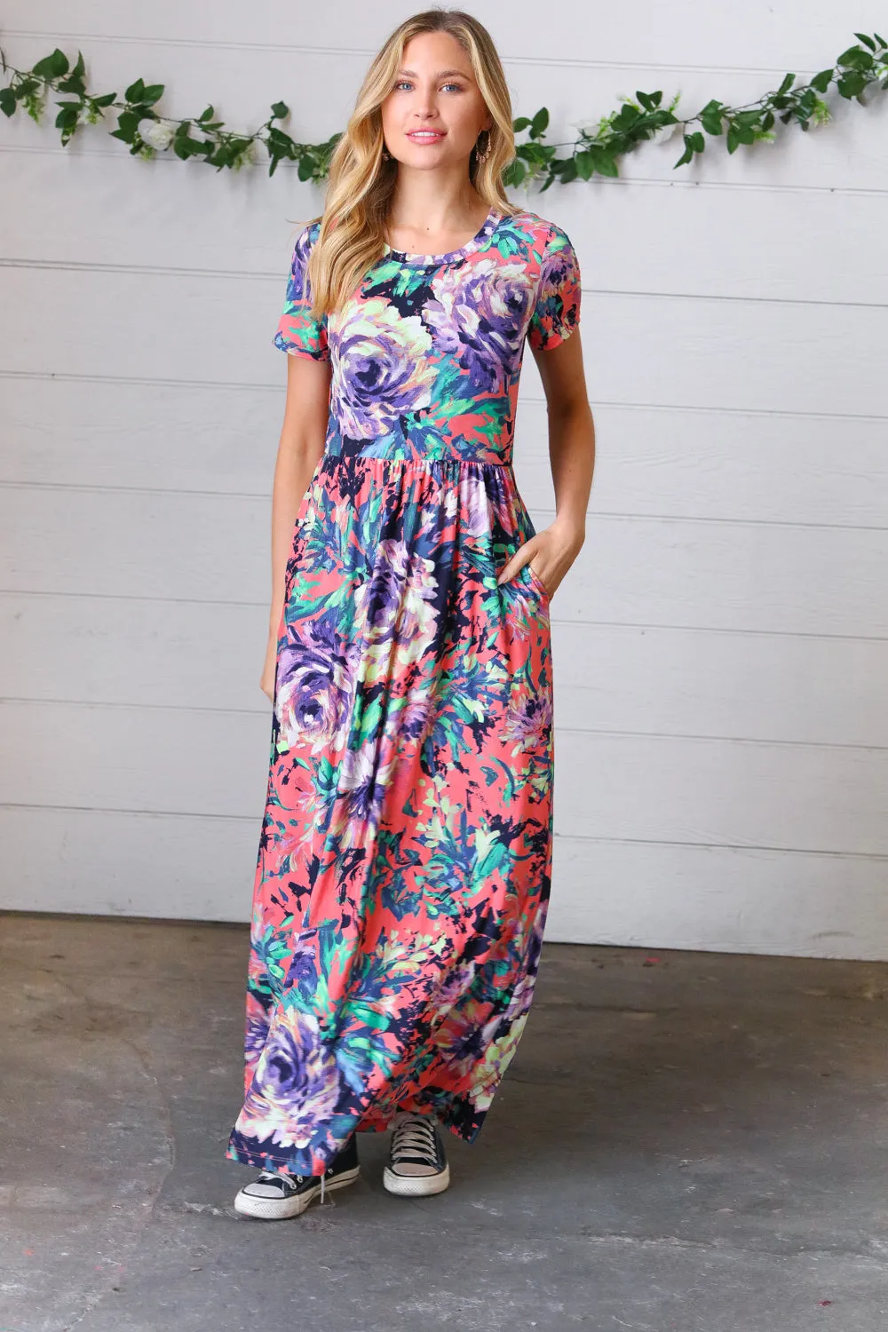 Peach & Black Vibrant Floral Print Pocketed Maxi Dress