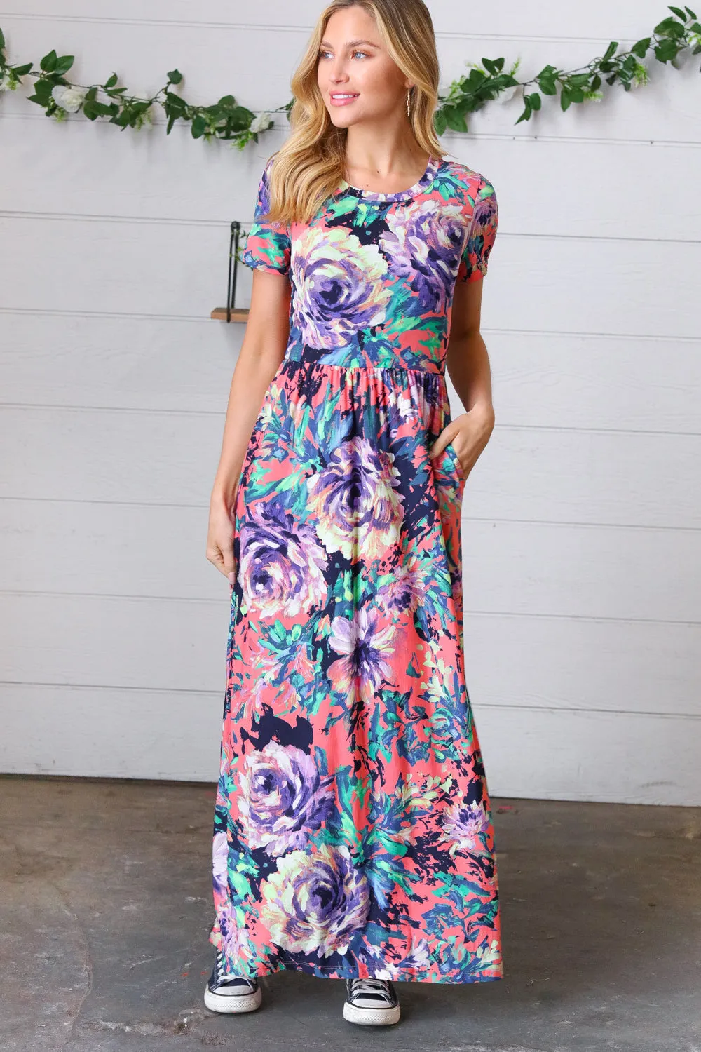 Peach & Black Vibrant Floral Print Pocketed Maxi Dress