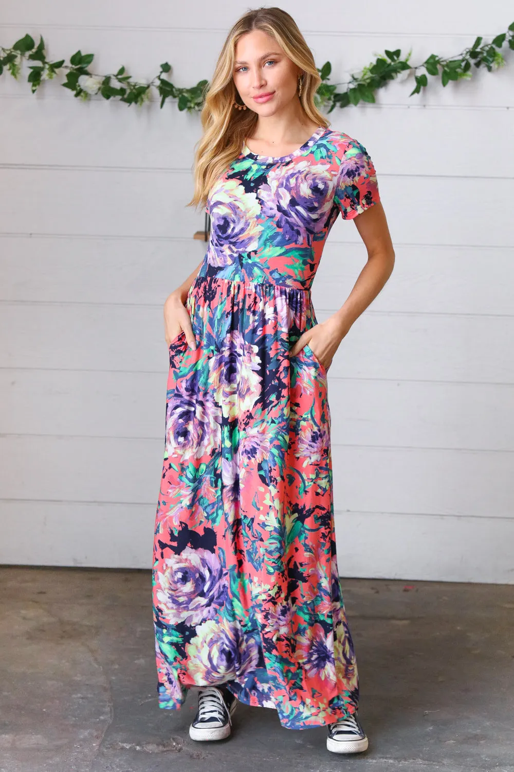 Peach & Black Vibrant Floral Print Pocketed Maxi Dress