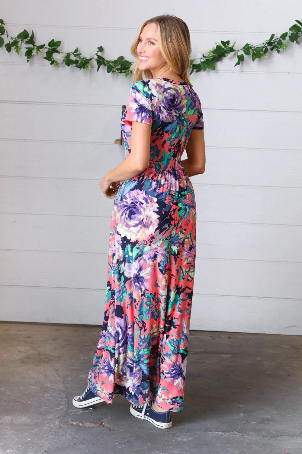 Peach & Black Vibrant Floral Print Pocketed Maxi Dress