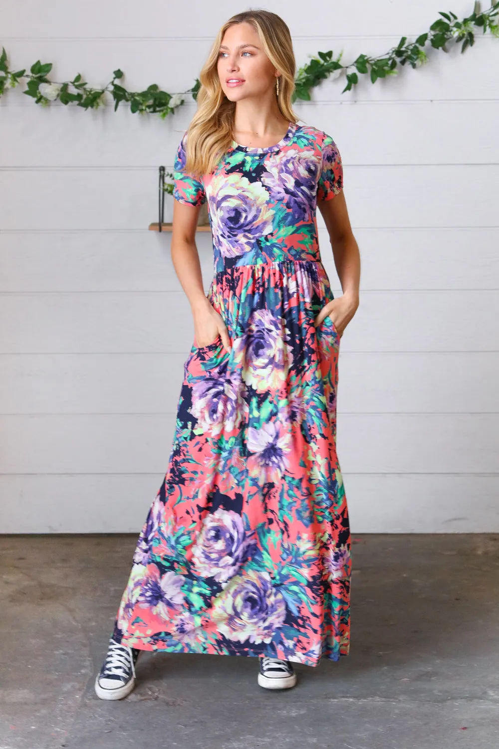 Peach & Black Vibrant Floral Print Pocketed Maxi Dress