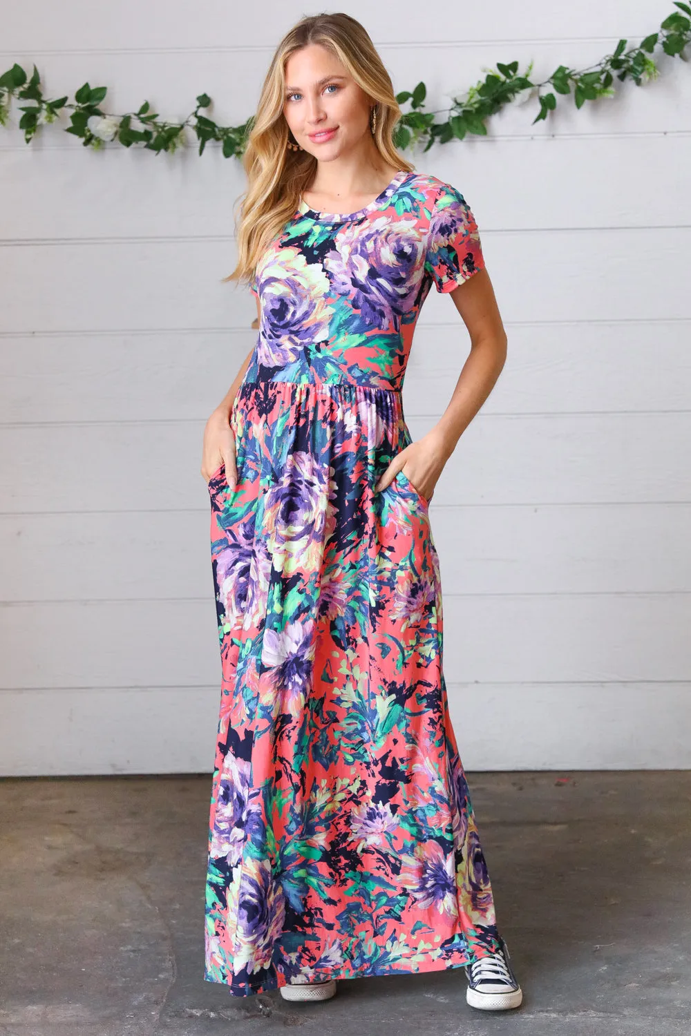 Peach & Black Vibrant Floral Print Pocketed Maxi Dress