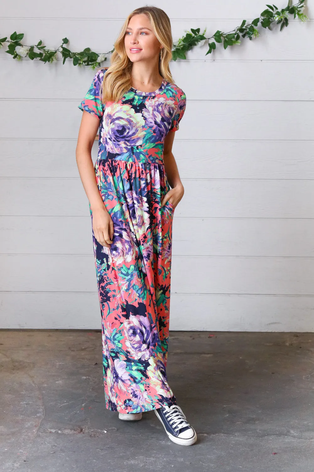 Peach & Black Vibrant Floral Print Pocketed Maxi Dress