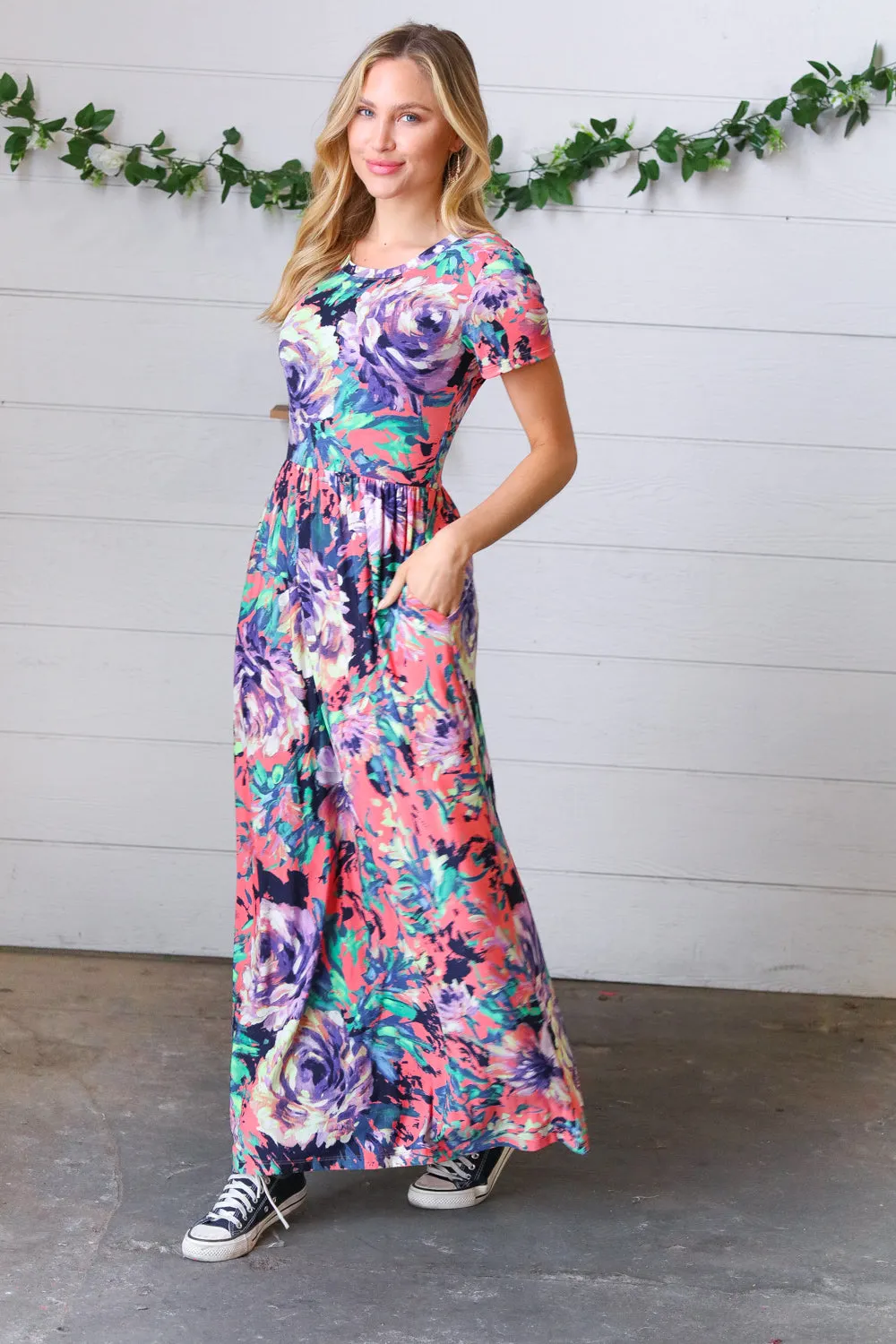 Peach & Black Vibrant Floral Print Pocketed Maxi Dress