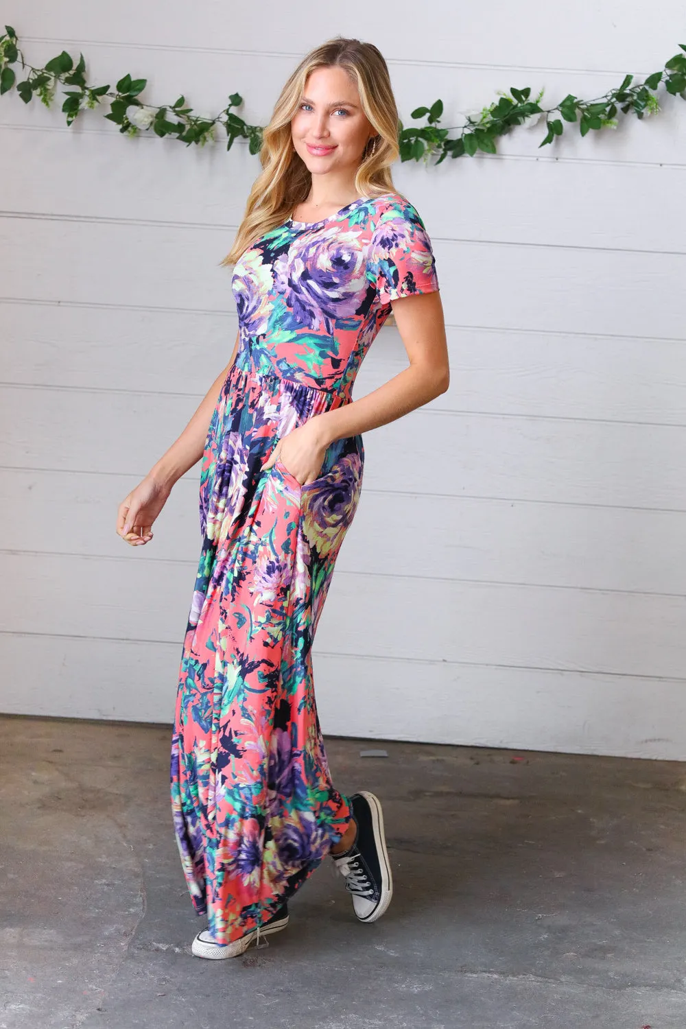 Peach & Black Vibrant Floral Print Pocketed Maxi Dress