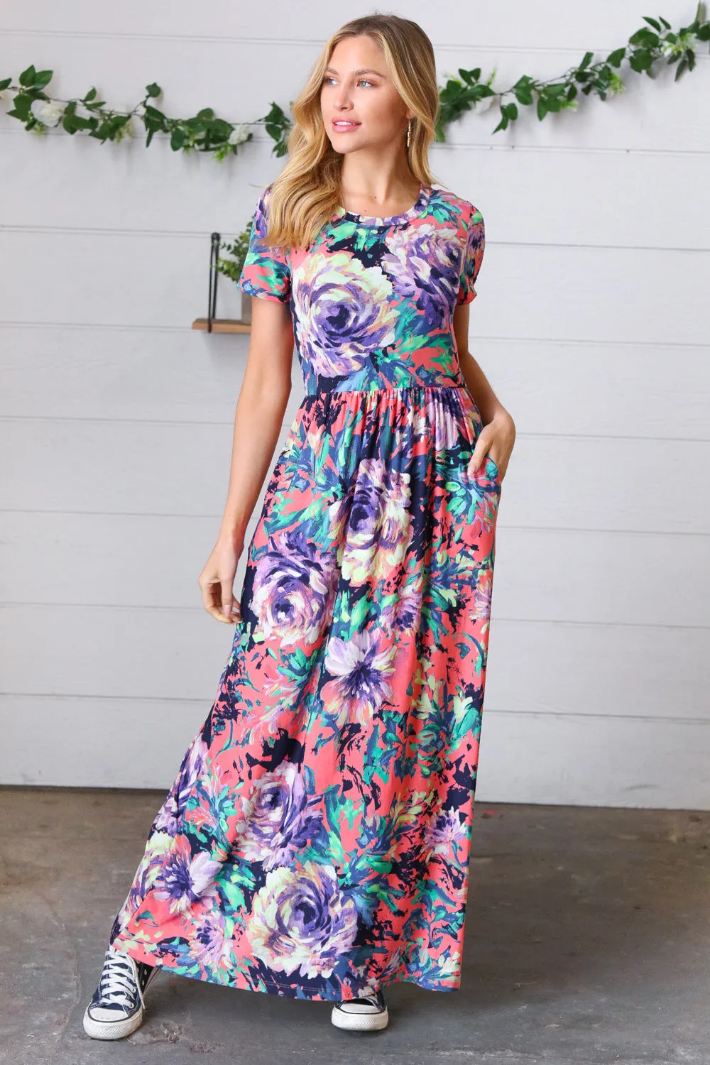 Peach & Black Vibrant Floral Print Pocketed Maxi Dress