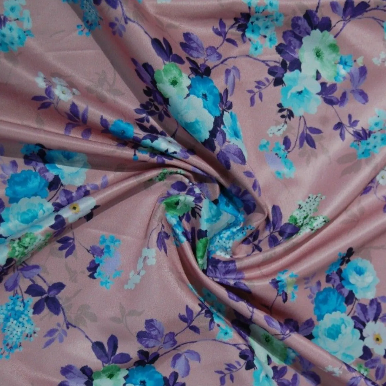 Pink Floral Print Semi Satin Twill Fabric