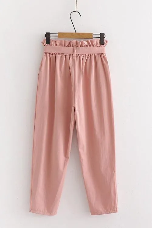 Pockets Belted Straight-leg Pants