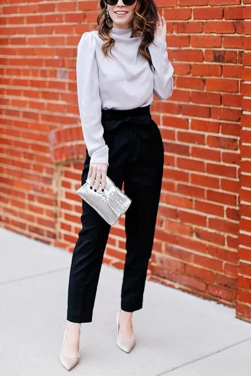 Pockets Belted Straight-leg Pants