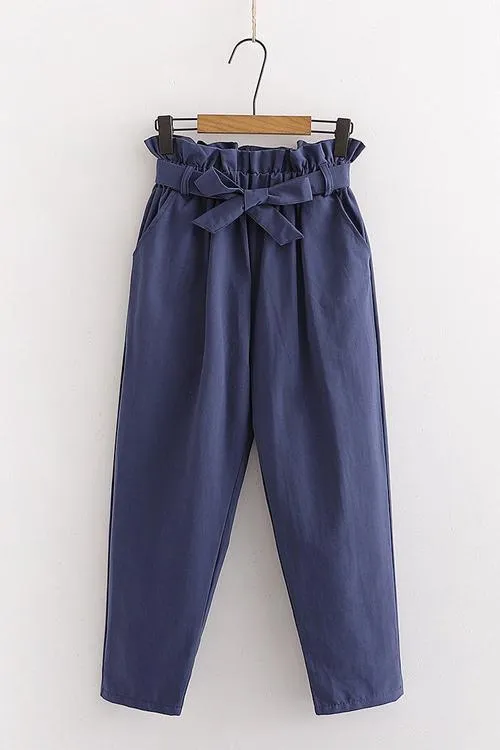 Pockets Belted Straight-leg Pants