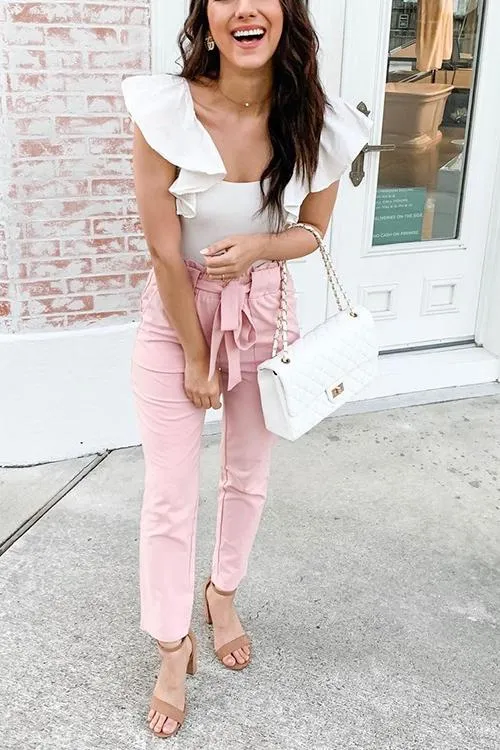 Pockets Belted Straight-leg Pants