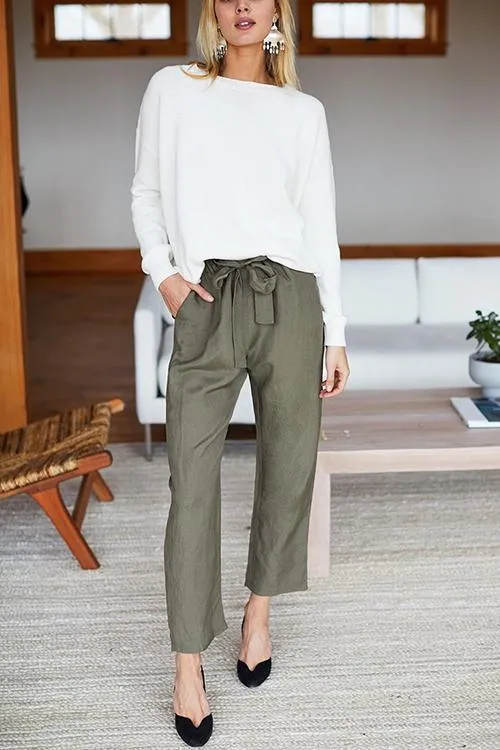 Pockets Belted Straight-leg Pants