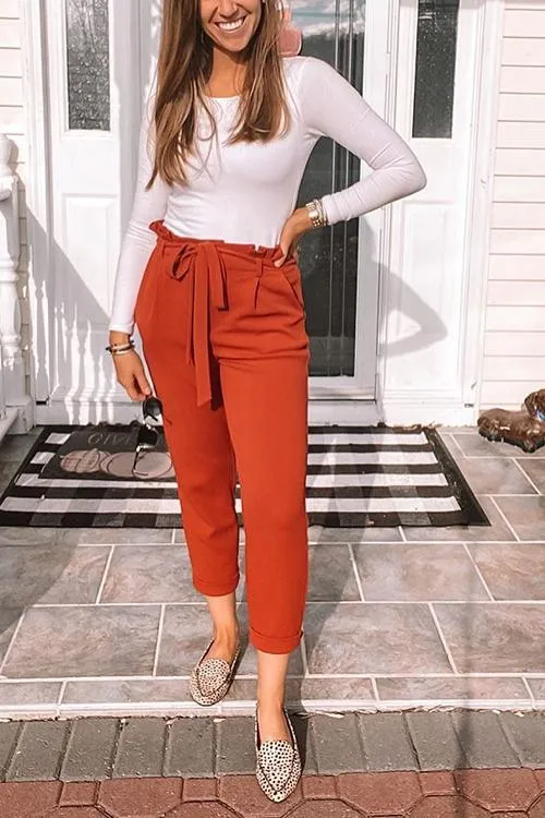 Pockets Belted Straight-leg Pants