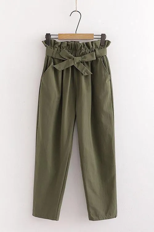 Pockets Belted Straight-leg Pants