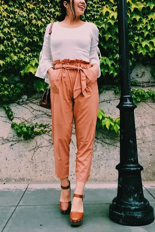 Pockets Belted Straight-leg Pants