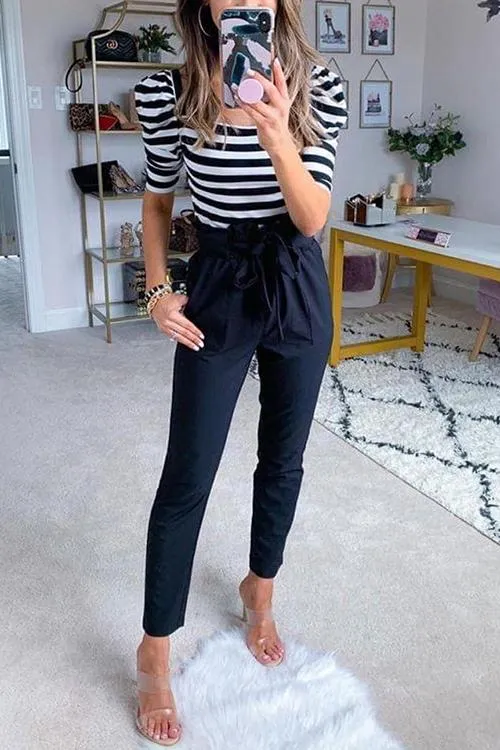 Pockets Belted Straight-leg Pants