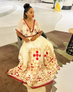 Radiant Ethiopian Dress Allure of Red Beaded Habesha Dress