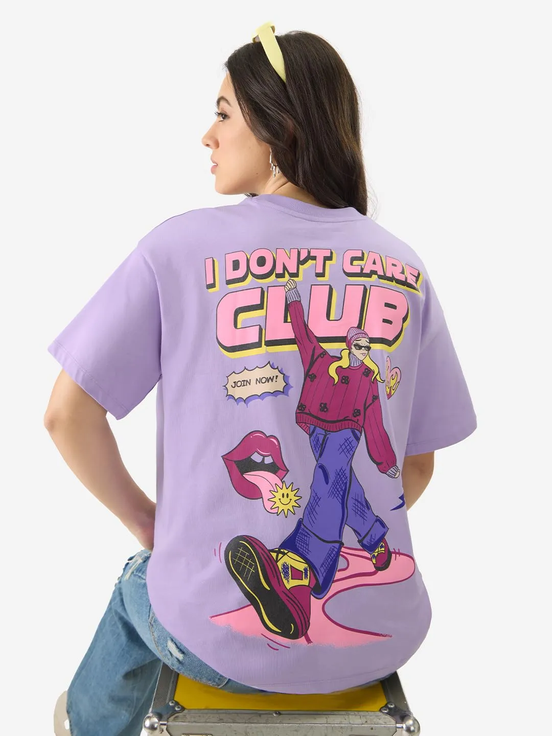 The Souled Store Don't Care Club Women and Girls Short Sleeve Round Neck Purple Graphic Printed Cotton Oversized Fit T-Shirts Oversized T Shirts for Women T-Shirt Girls Cotton Casual Half Sleeves