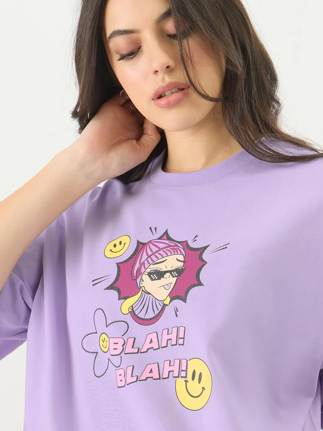 The Souled Store Don't Care Club Women and Girls Short Sleeve Round Neck Purple Graphic Printed Cotton Oversized Fit T-Shirts Oversized T Shirts for Women T-Shirt Girls Cotton Casual Half Sleeves