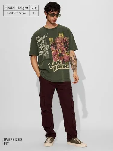 The Souled Store Official Baki Hanma: You Shouldn't Have Men and Boys Short Sleeves Round Neck Green Graphic Printed Cotton Oversized T-Shirts