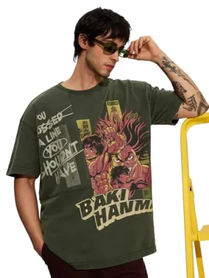 The Souled Store Official Baki Hanma: You Shouldn't Have Men and Boys Short Sleeves Round Neck Green Graphic Printed Cotton Oversized T-Shirts