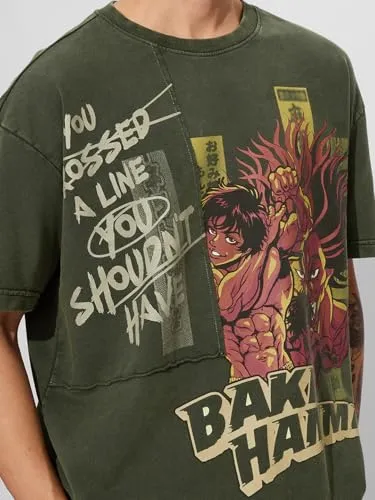 The Souled Store Official Baki Hanma: You Shouldn't Have Men and Boys Short Sleeves Round Neck Green Graphic Printed Cotton Oversized T-Shirts