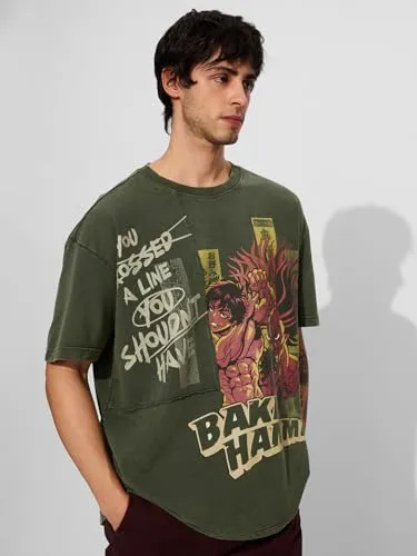 The Souled Store Official Baki Hanma: You Shouldn't Have Men and Boys Short Sleeves Round Neck Green Graphic Printed Cotton Oversized T-Shirts