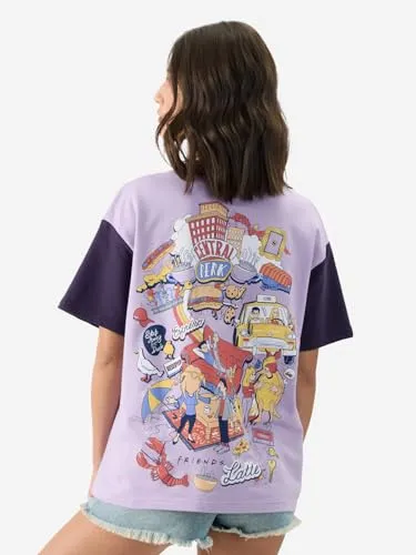 The Souled Store Official Friends: Doodle Women and Girls Round Neck Short Sleeve Purple Graphic Printed Cotton Oversized Fit T-Shirts Netflix TV