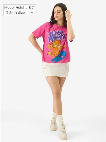 The Souled Store Official Garfield: Slick Moves Women and Girls Round Neck Short Sleeve Pink Graphic Printed Cotton Relaxed Fit T-Shirts Old Retro Cartoon 90s Animated Character Themed