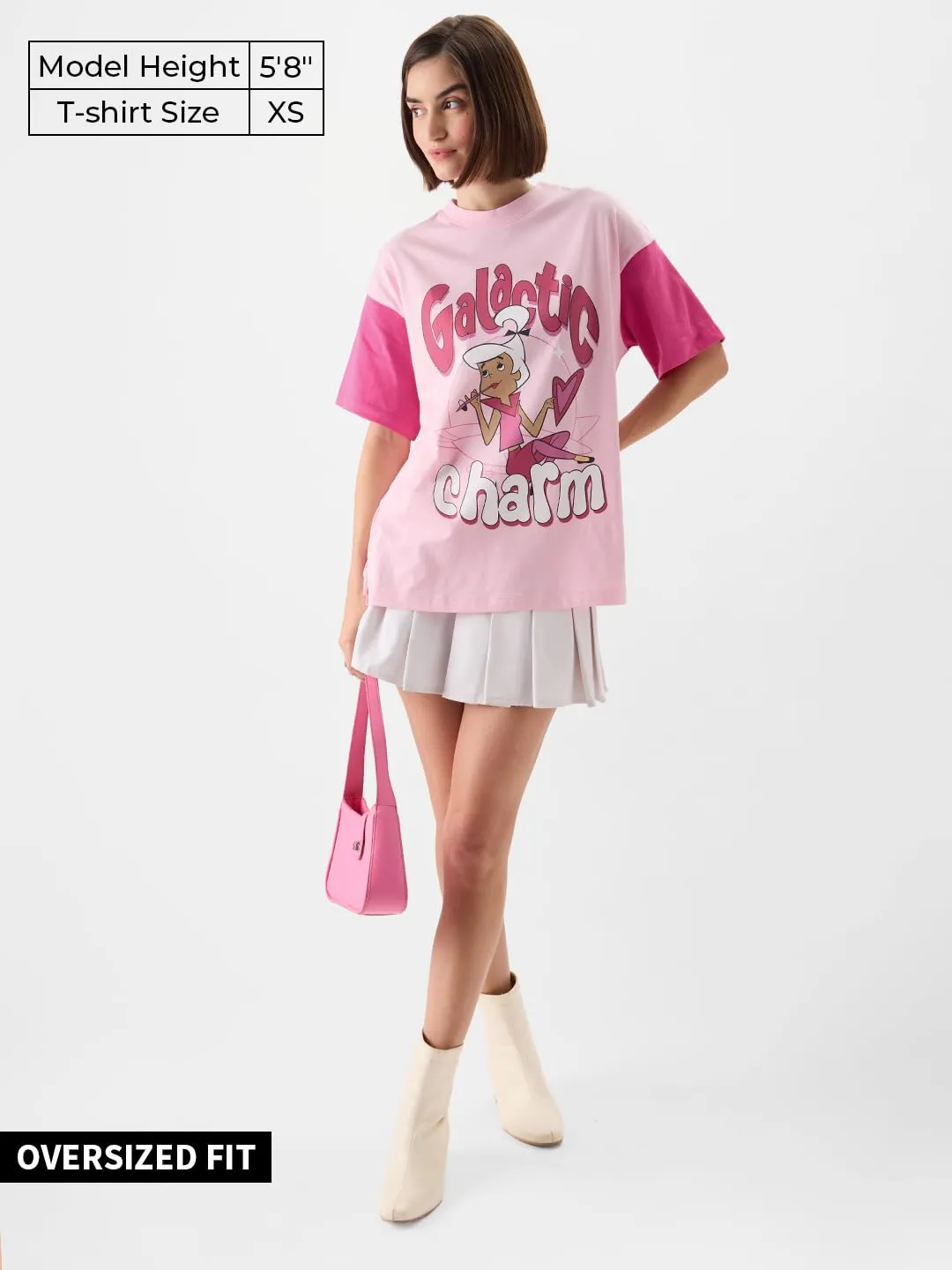 The Souled Store Official The Jetsons: Galactic Charm Women and Girls Oversize Fit Half Sleeves Graphic Printed Cotton Pink Color T-Shirt