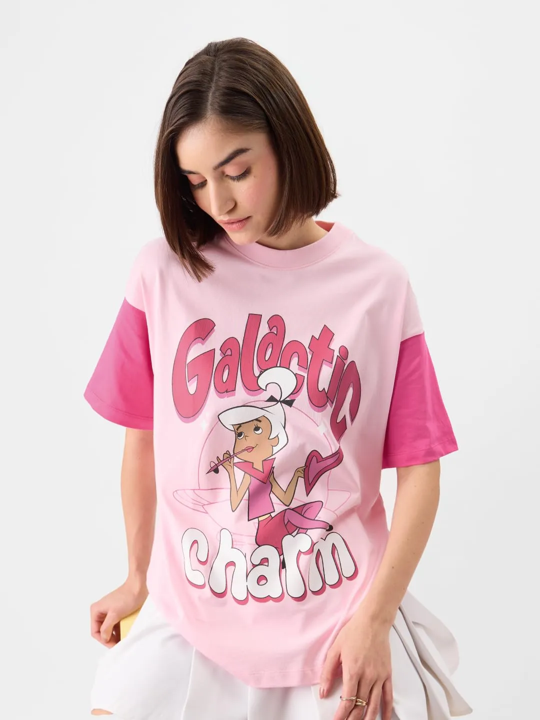 The Souled Store Official The Jetsons: Galactic Charm Women and Girls Oversize Fit Half Sleeves Graphic Printed Cotton Pink Color T-Shirt